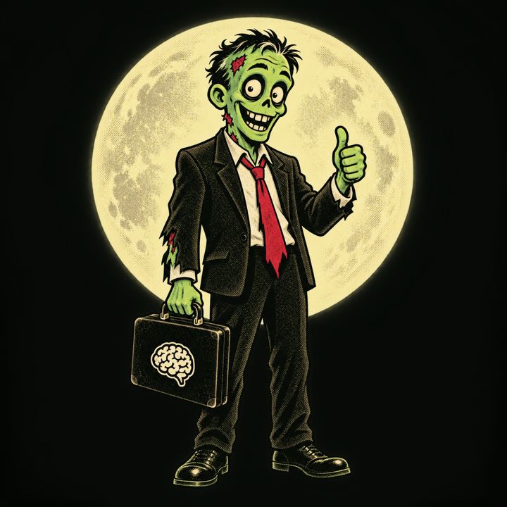 A cheerful cartoon zombie in a dark suit and red tie gives a thumbs up, holding a briefcase with a brain logo, in front of a full moon.